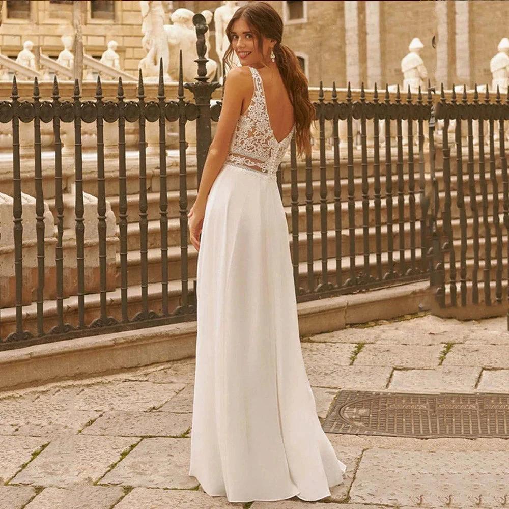 Sweetheart Wedding Dresses for Woman Lace Appliques Boho Bridal Gowns Slit Sleeveless Boho vestidos de novia boda civil (ZD13362)