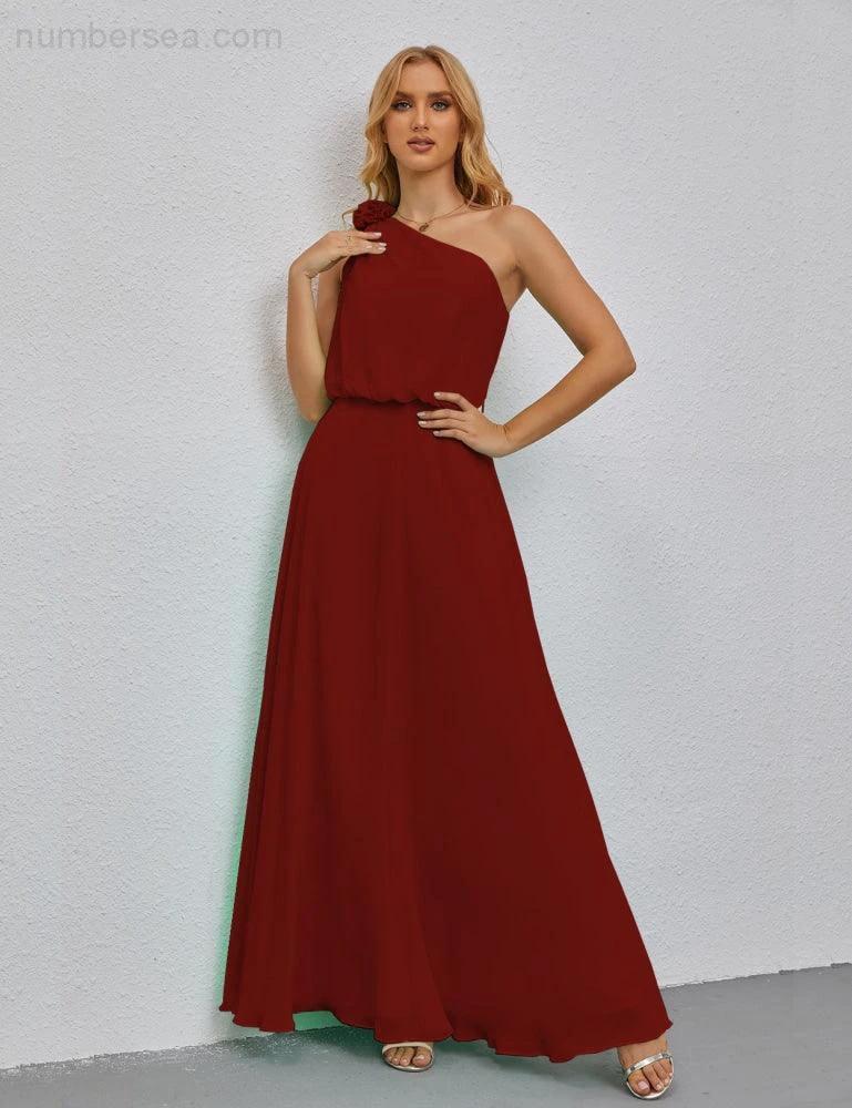 Ruffled One Shoulder Sleeveless Long Bridesmaid Dresses A-line Formal Evening Gown Side Split 28080 (ZD17018)