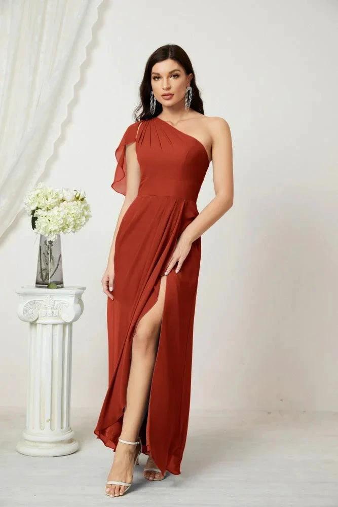 Numbersea Chiffon Ruffled One Shoulder Long Bridesmaid Dresses A-line Formal Evening Gown Side Split 2809 by numbersea
