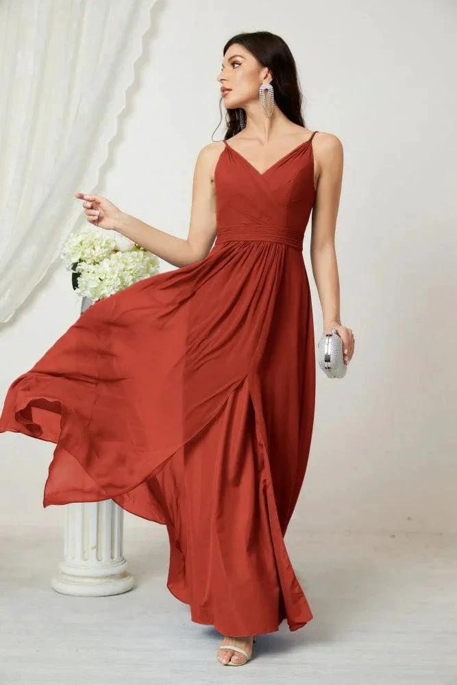 Numbersea Chiffon V-Neck Bridesmaid Dress Spaghetti Strap Long Formal Party Prom Gowns with Slit 28010 by numbersea