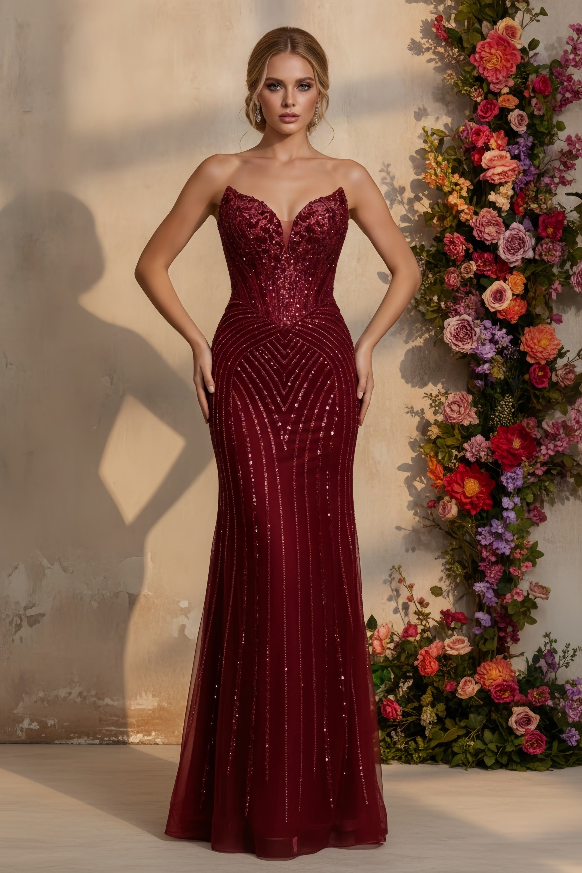 Strapless Sequined Mermaid Evening Gown with Sweetheart Neckline