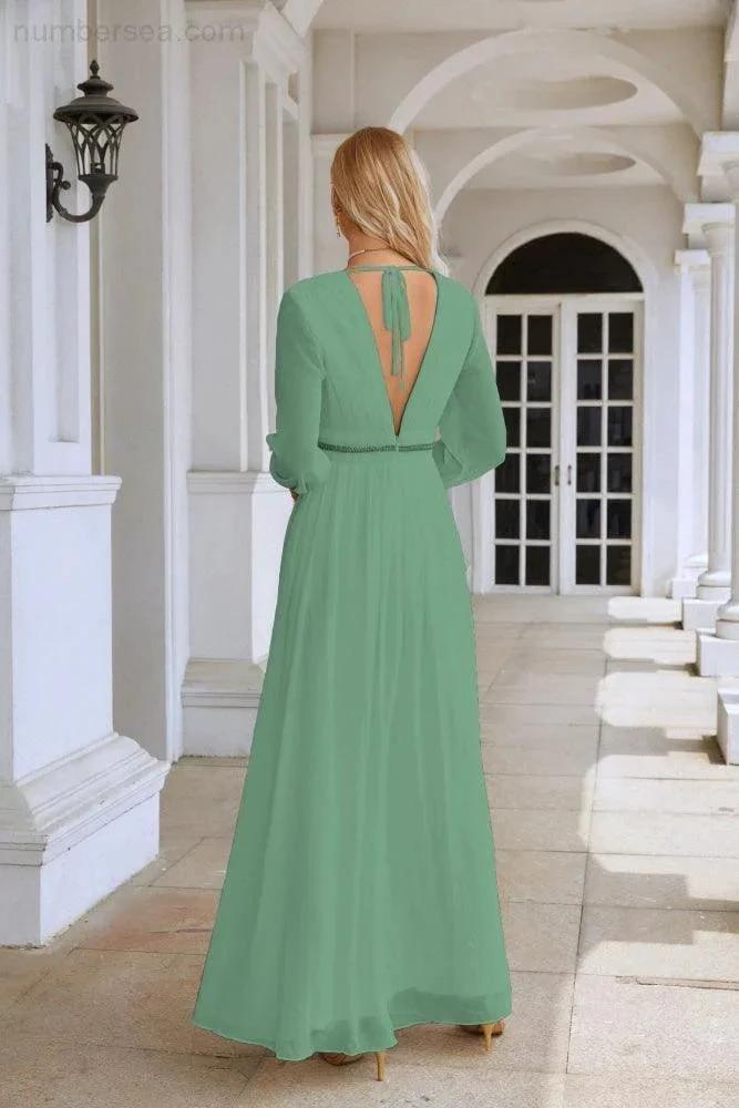 Ladies V Neck Chiffon Long Sleeve Front Slit Bridesmaid Evening Dress Wedding Party Shopping Evening Dress 28109 (ZD16991)