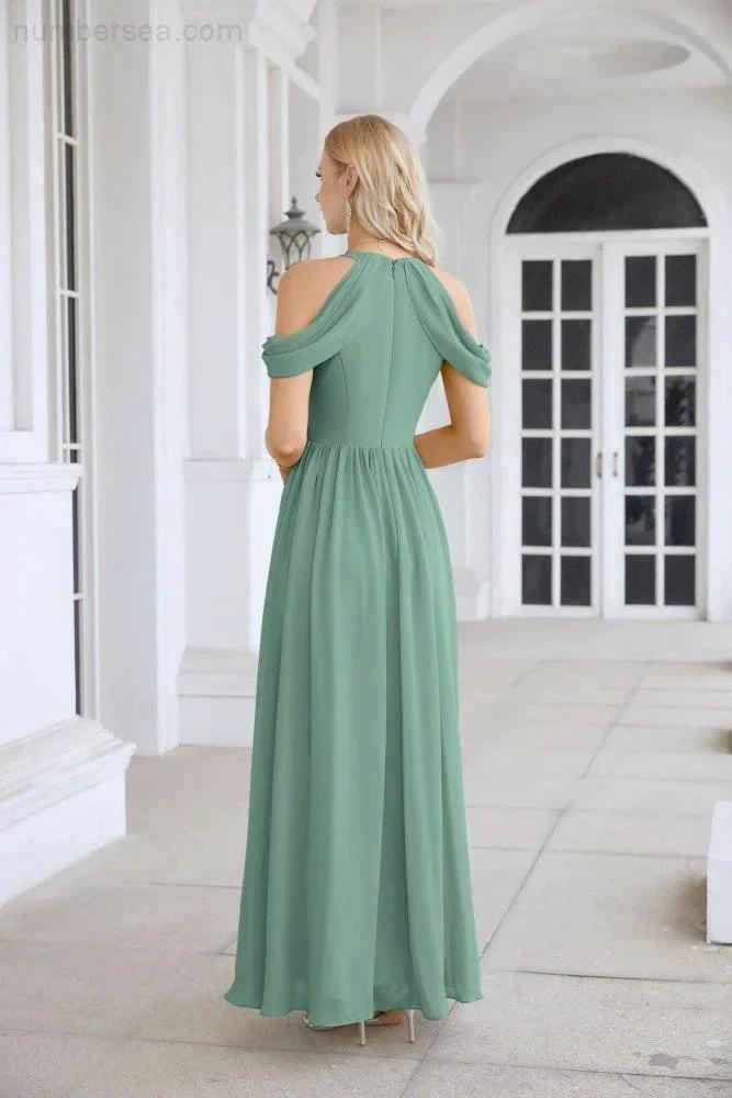 Ladies Chiffon Off Shoulder Swing Sleeve Front Slit Bridesmaid Evening Dress Wedding Party Evening Dress 28117 (ZD17011)