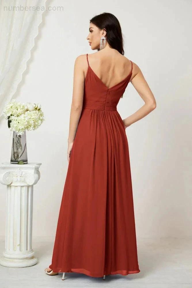 ZapDress Chiffon V-Neck Bridesmaid Dress Spaghetti Strap Long Formal Party Prom Gowns with Slit 28010 (ZD17028)