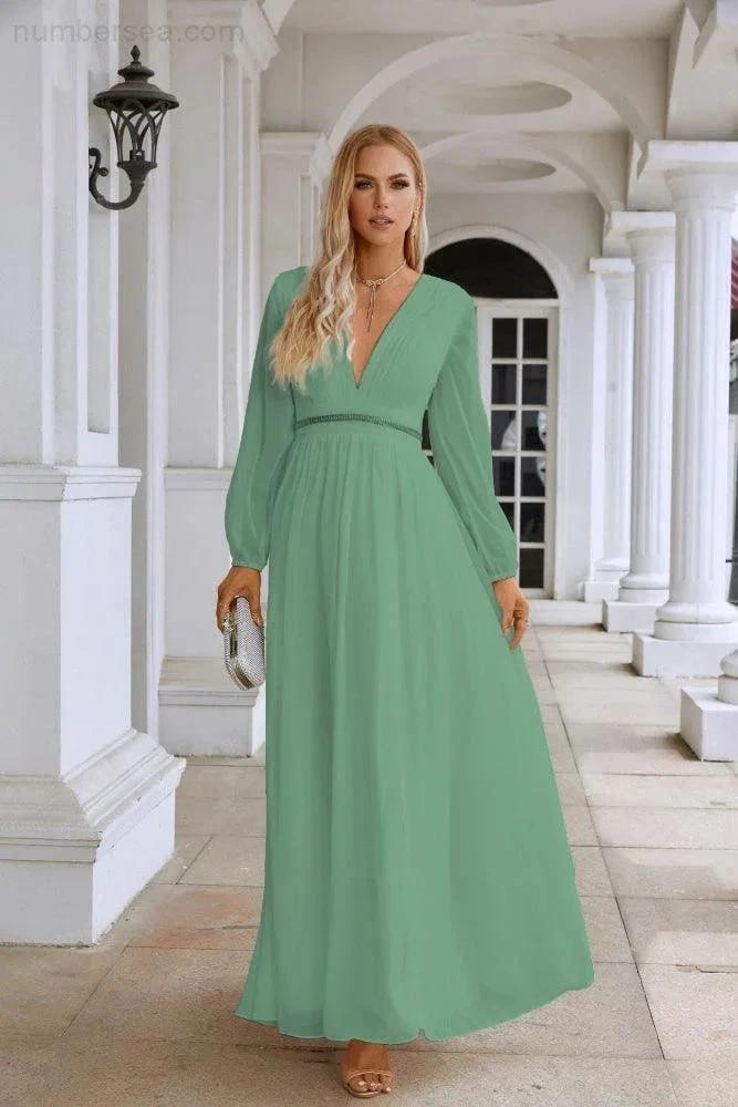 Ladies V Neck Chiffon Long Sleeve Front Slit Bridesmaid Evening Dress Wedding Party Shopping Evening Dress 28109 (ZD16991)