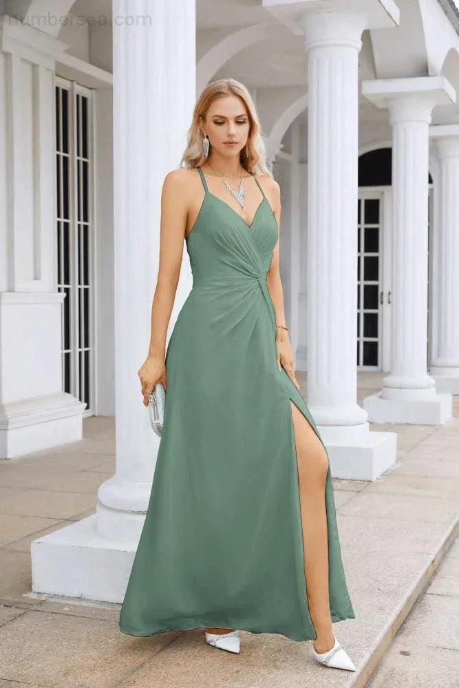 Ladies Chiffon Spaghetti Strap V Neck Front Slit Floor Length Bridesmaid Evening Dress Prom Party Wedding Evening Dress 28116 (ZD17012)