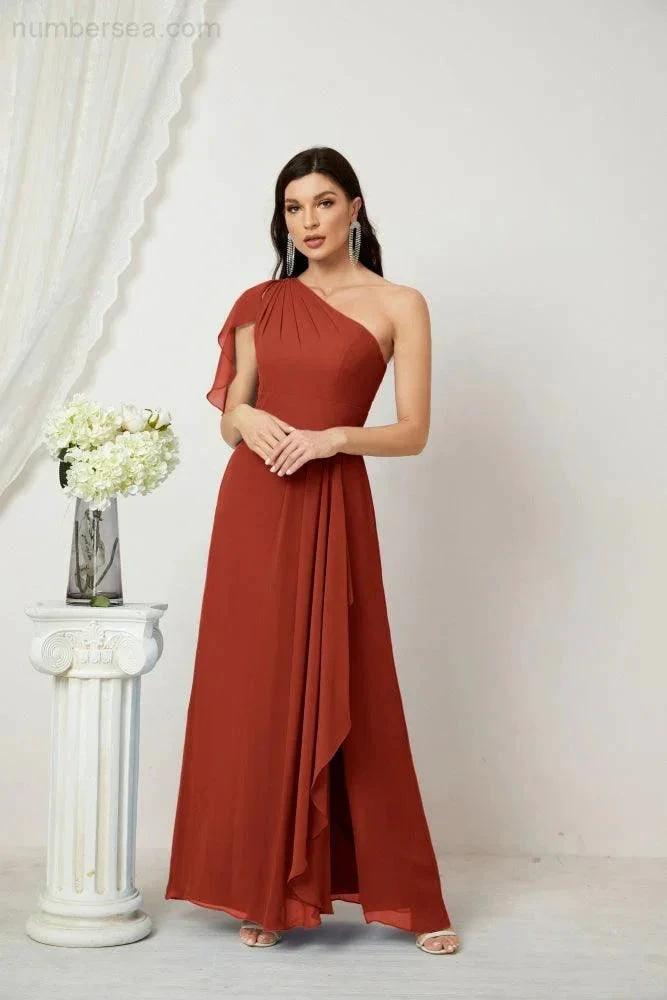ZapDress  Chiffon Ruffled One Shoulder Long Bridesmaid Dresses A-line Formal Evening Gown Side Split 2809 (ZD17049)