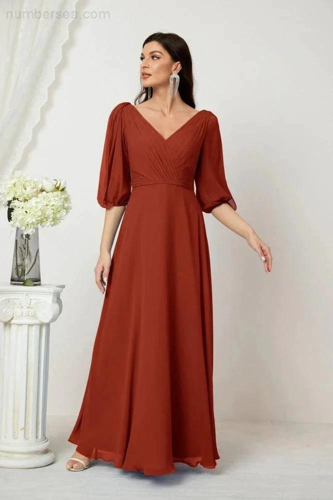 ZapDress  Formal Prom Gown Women V-Neck Chiffon Bridesmaid Dresses Long Bishop Sleeve Party Dress 2807 (ZD17027)
