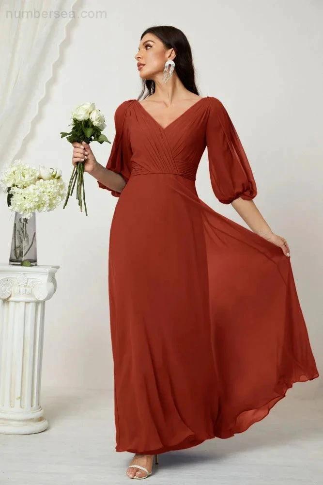 ZapDress  Formal Prom Gown Women V-Neck Chiffon Bridesmaid Dresses Long Bishop Sleeve Party Dress 2807 (ZD17027)