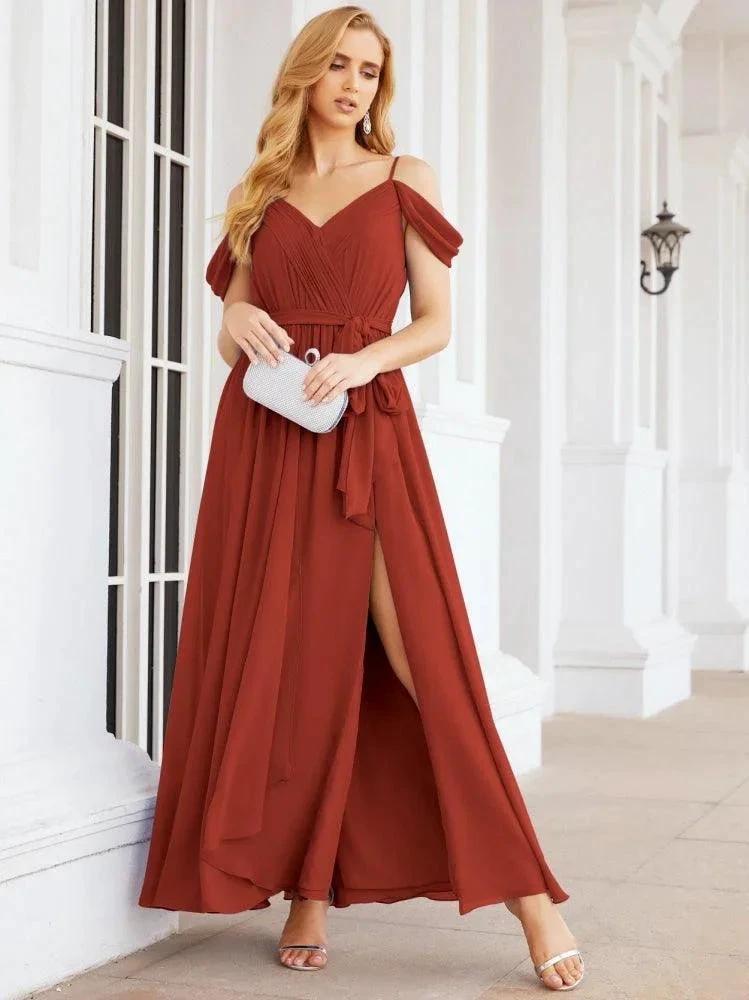 Numbersea Off The Shoulder Chiffon Bridesmaid Dress Long Formal Graduation Gown with Cowl Back 28069 by numbersea