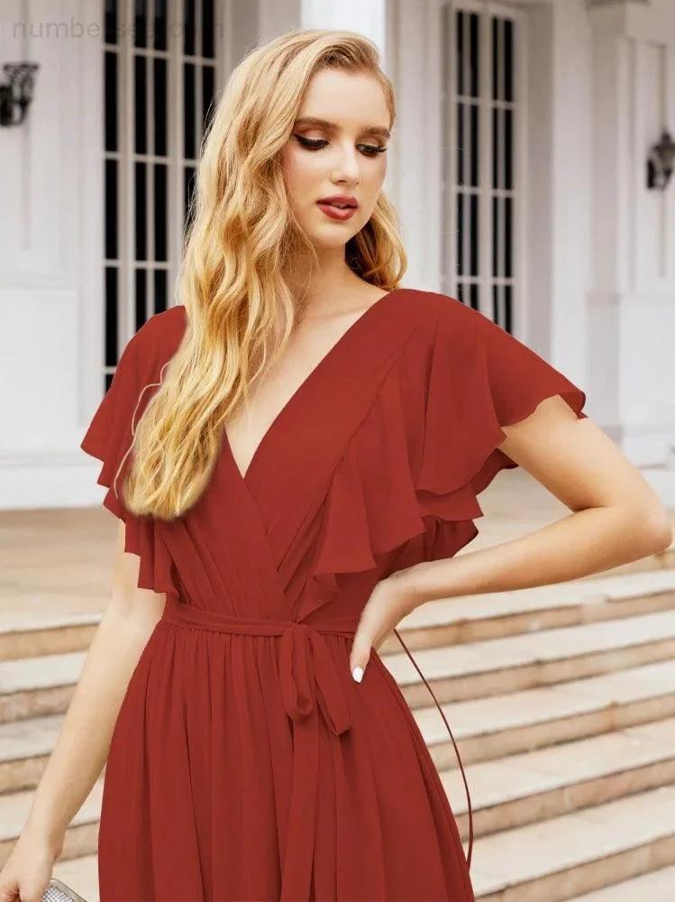 ZapDress Women's Open Back Formal Evening Party Prom Gowns V-Neck Long Chiffon Bridesmaid Dresses with Waist Belt 28038 (ZD17000)