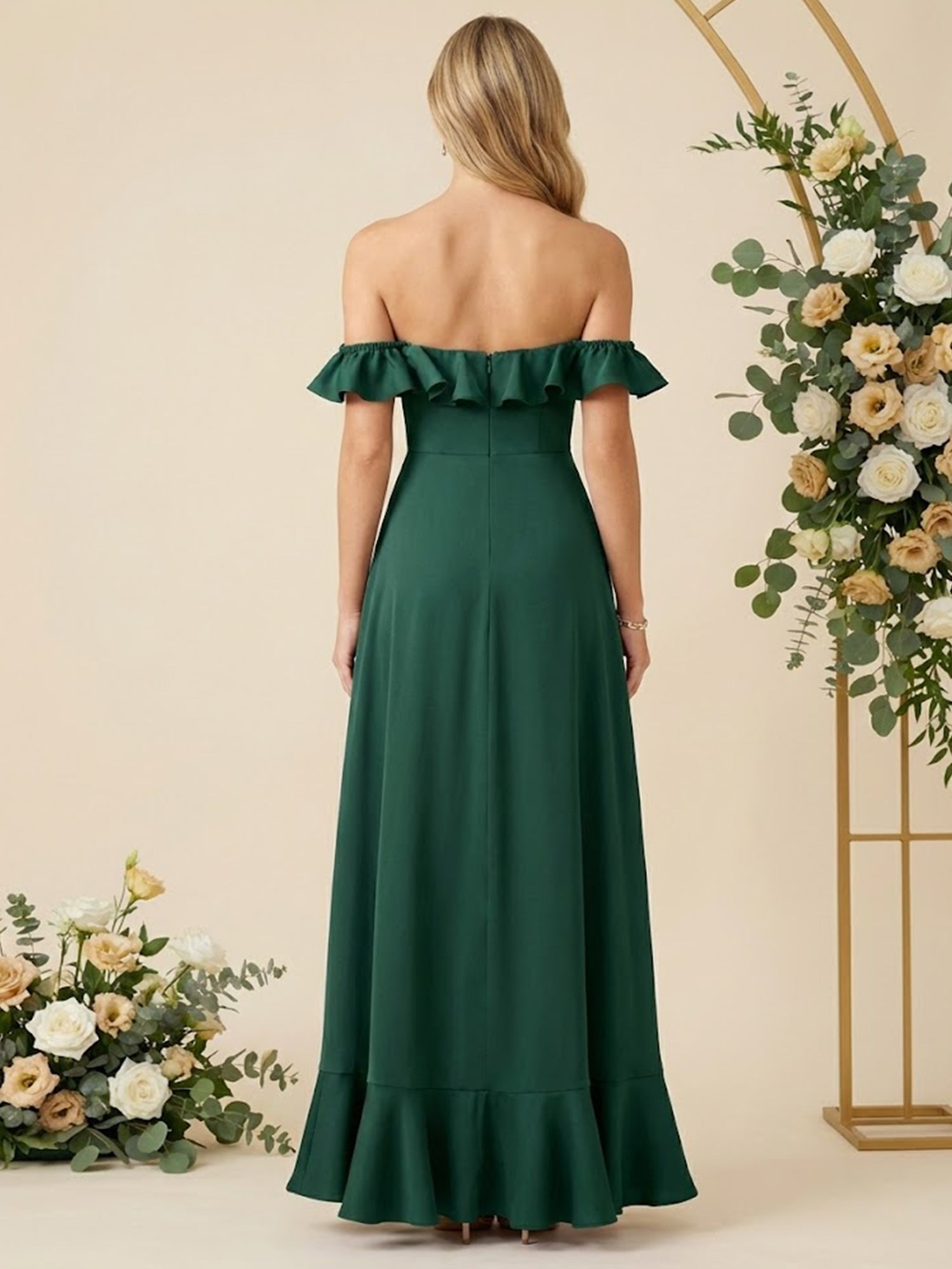 Off the Shoulder Asymmetric A Line Chiffon Long Bridesmaid Dresses with Ruffle