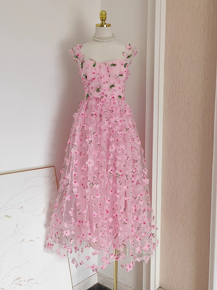 Chic A Line Straps Pink Floral Tulle Lace Prom Dresses Birthday Outfits