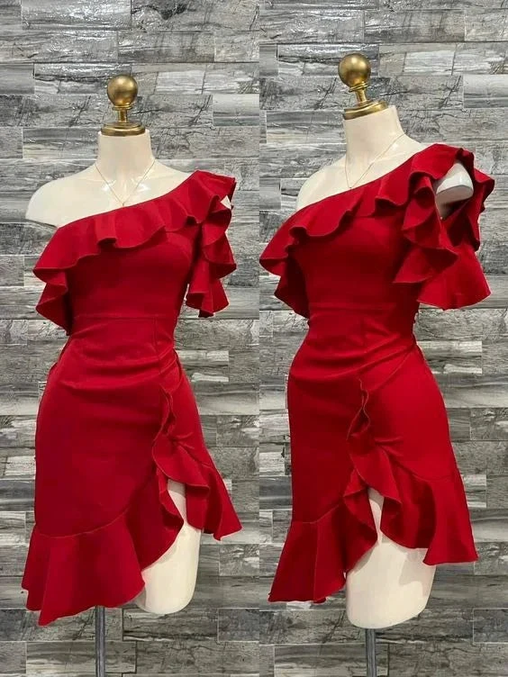 Pretty One Shoulder Red Homecoming Dress Short Mini Birthday Dress Y7635 by simplepromdress