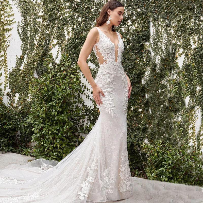 V-neck Wedding Dresses For Women 2024 Backless Mermaid Lace Appliques Floor-length Backless Customized Vestidos De Novia (ZD13416)