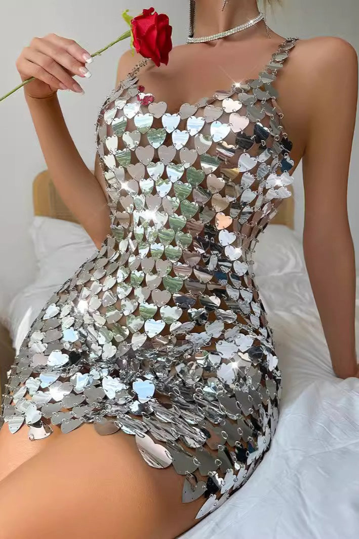 Metallic Sequin Patchwork Heart Bodycon Sequin Dress - View 2 | VelvetHem