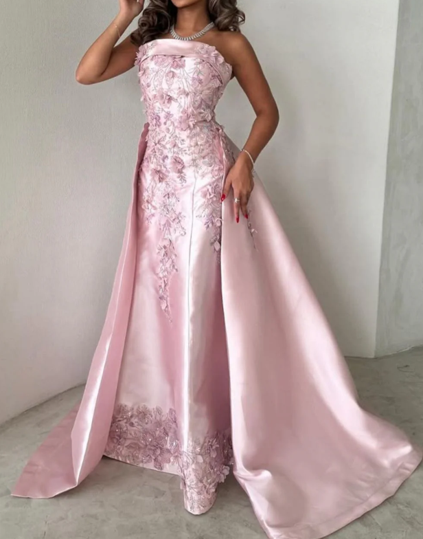 Pretty Pink Strapless Satin Appliques Beaded Formal Prom Dress,Long A-Line Party Evening Gown - View 3 | FashionDia
