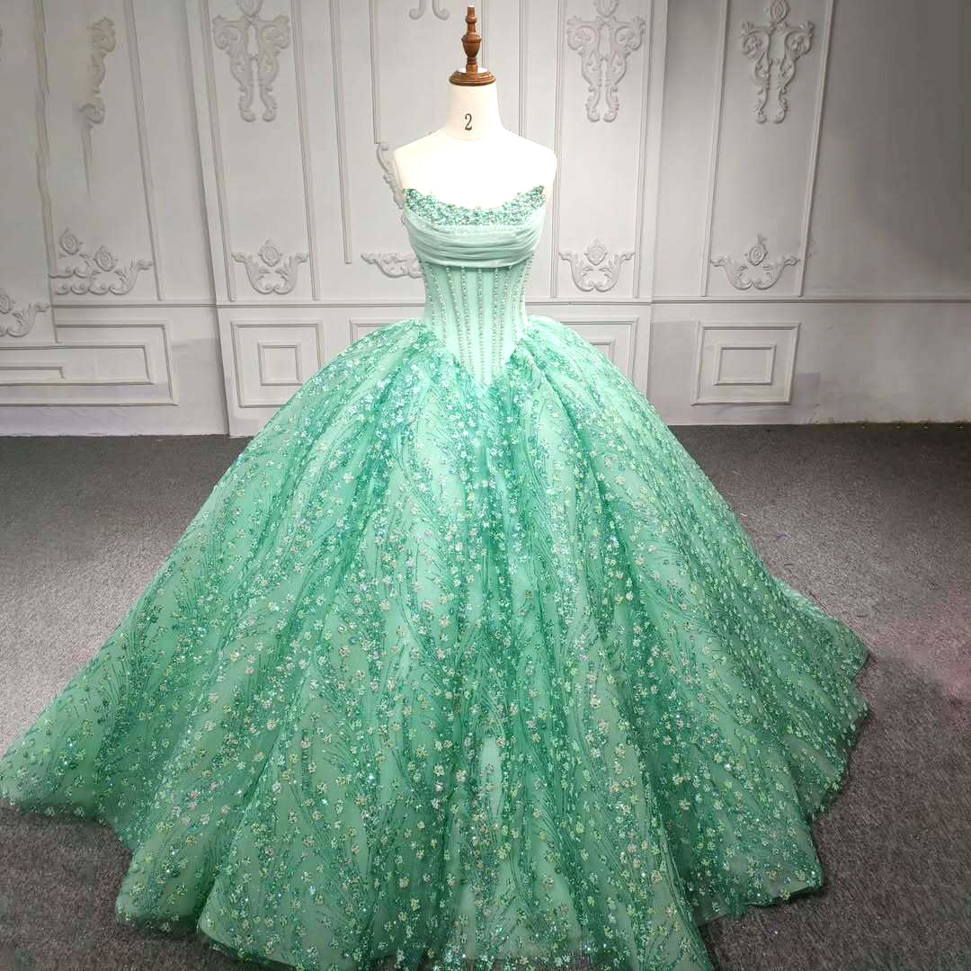 Charming A Line Strapless Light Green Quinceanera Dress with Beading Appliques