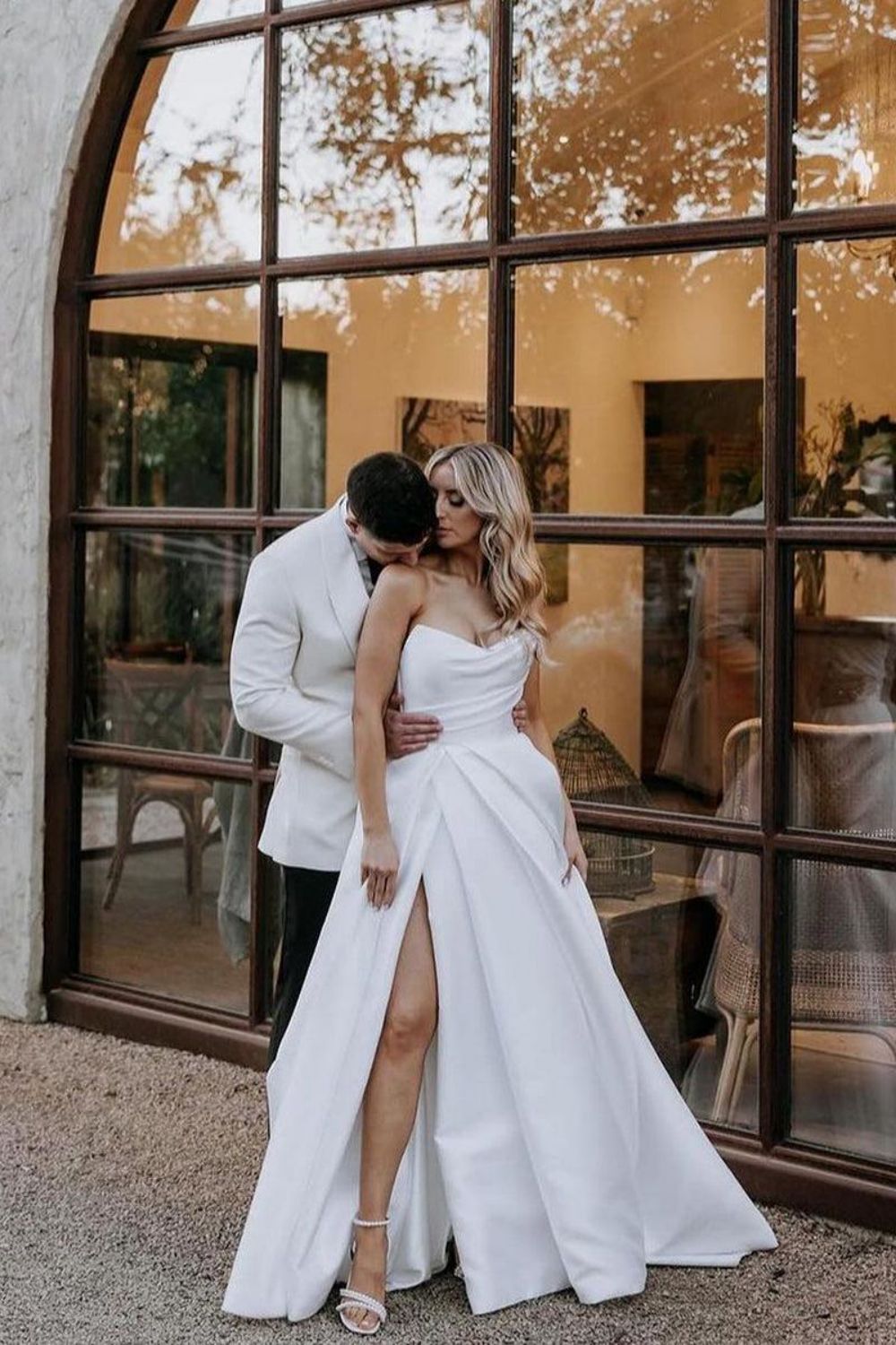 Simple A Line Sweetheart White Long Wedding Dress with Split Front