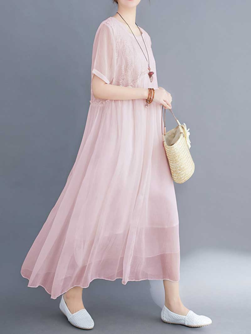 Embroidered Silk Round-Neck A-Line Dress