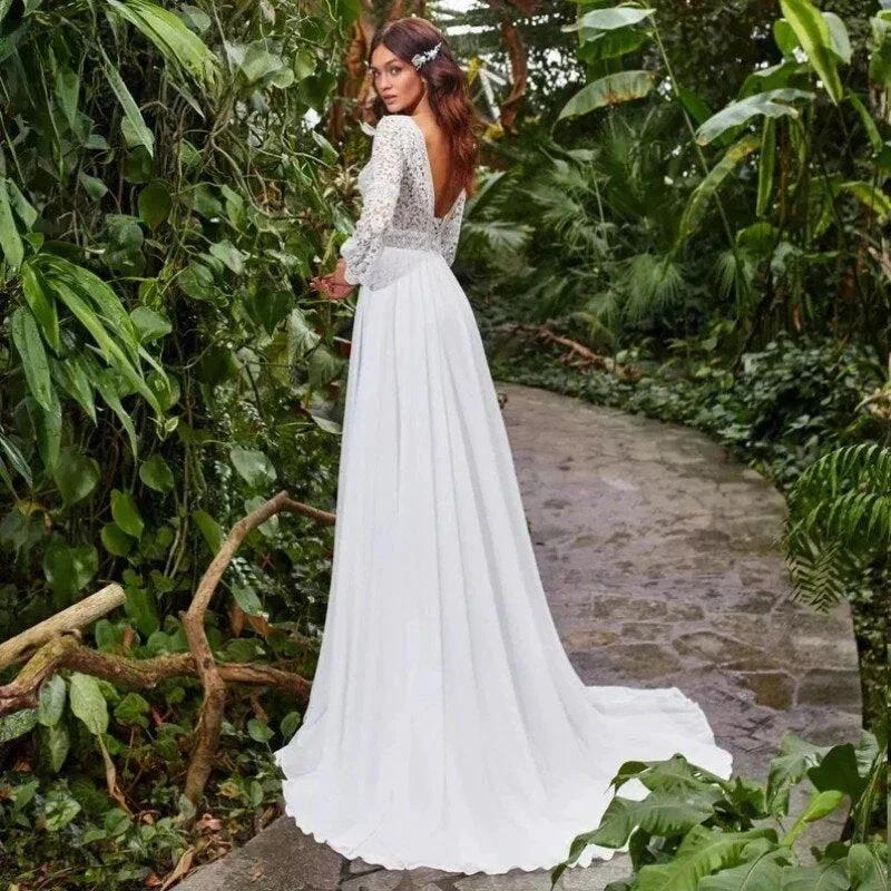 Bohemian Sweetheart Wedding Dresses A-Line Long Sleeve White Lace Applique Chiffon Backless Bridal Gown Train Vestidos De Novia (ZD13383)