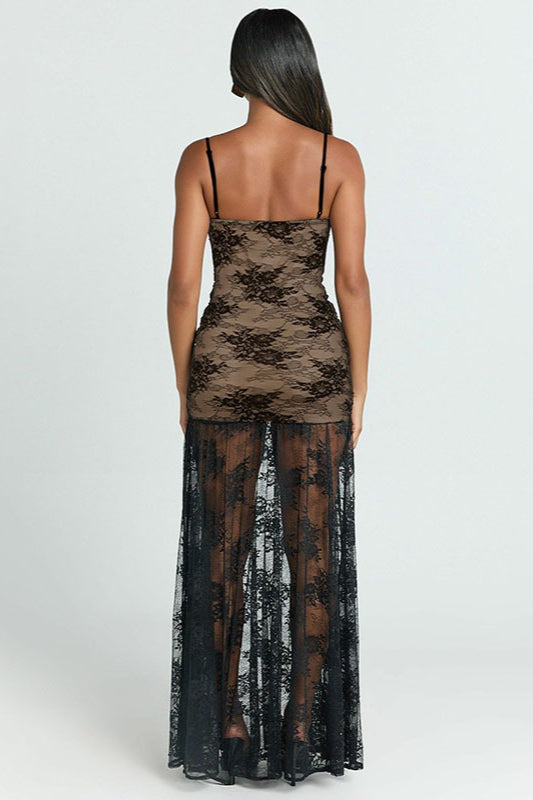 Sheer Ruched Split Cami Maxi Lace Dress - View 5 | VelvetHem
