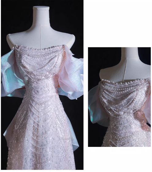 Pink A-Line Off-Shoulder Tulle Sequins Beaded Long Prom Dress Formal Evening Dress Y8050 - View 4 | VelvetHem