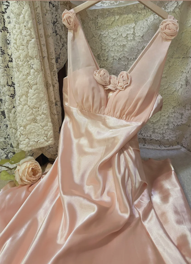 Pretty Pink V-Neck Satin Mermaid Long Wedding Guest Dress Formal Birthday Prom Dress Party Gown - View 5 | FashionDia