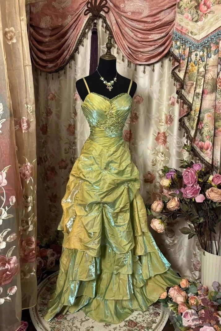 Vintage Green Satin Beaded Pleated A Line Prom Dress,Ball Gown