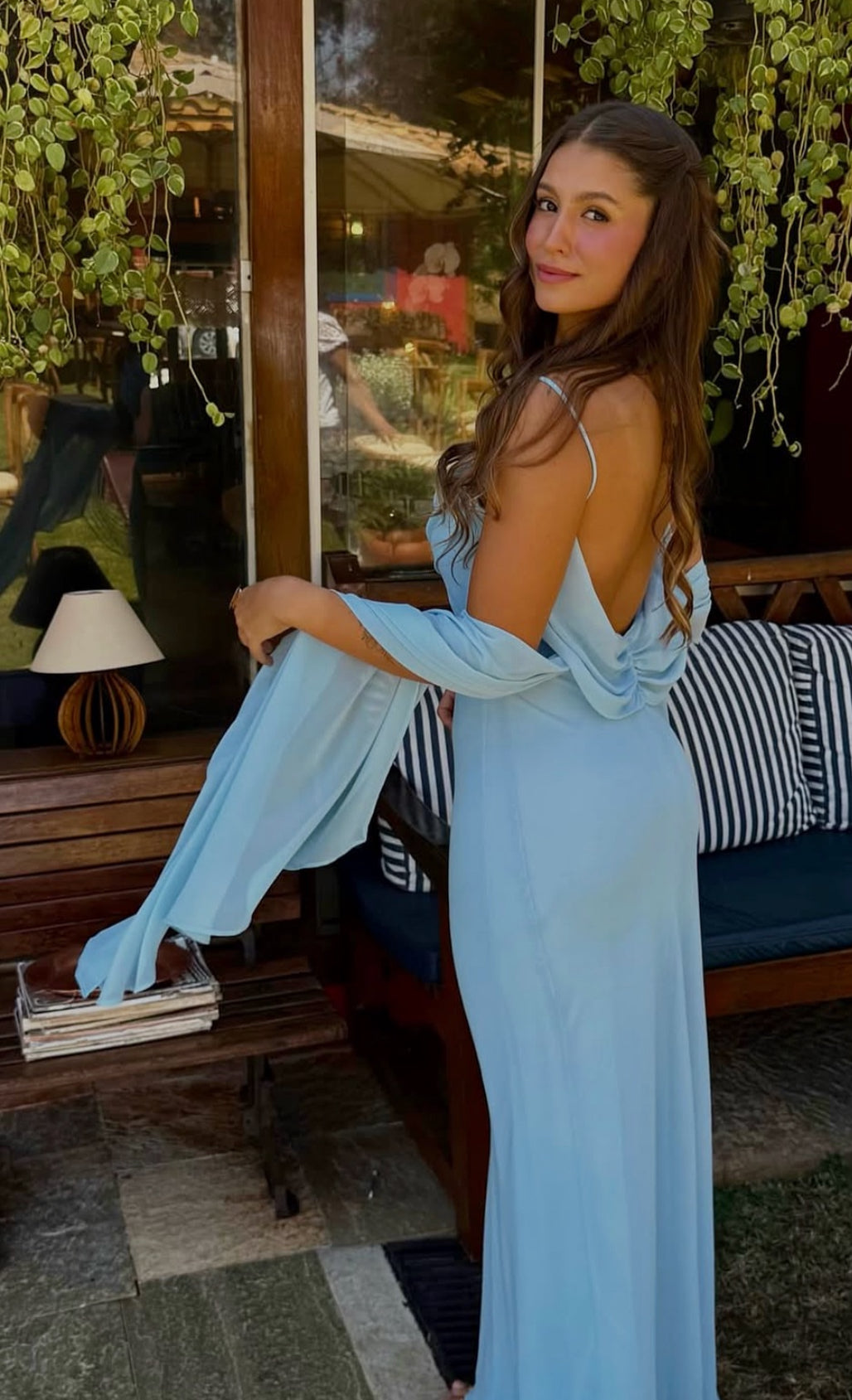 Spaghetti Straps Blue Chiffon Long Prom Dress Wedding Guest Dress J7968