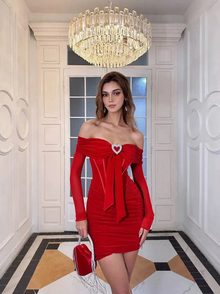 Fashion Red Mermaid Prom Dress Strapless Off The Shoulder Pleated Long Sleeve Above Knee Evening Dress robes de soirée