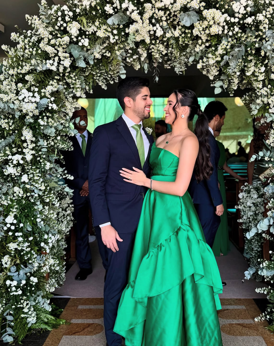 Strapless A-Line Green Ruffle Prom Dress Satin Wedding Guest Dress