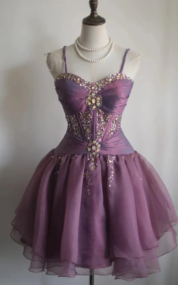 Vintage Purple Spaghetti Straps Purple Tulle Rhinestones Short Homecoming Dress A-Line Cocktail Dress - FashionDia