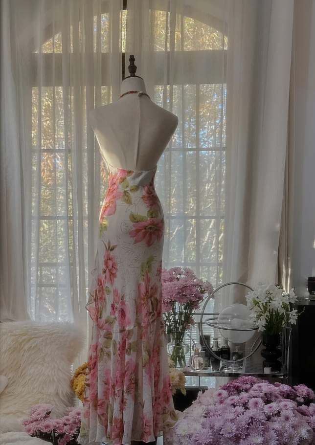 Pretty Halter V-Neck Chiffon Print Floral Beaded Mermaid Long Party Dress Formal Wedding Guest Dress - View 3 | FashionDia