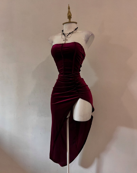 Sexy Strapless Slit Party Dress Burgundy Birthday Dress