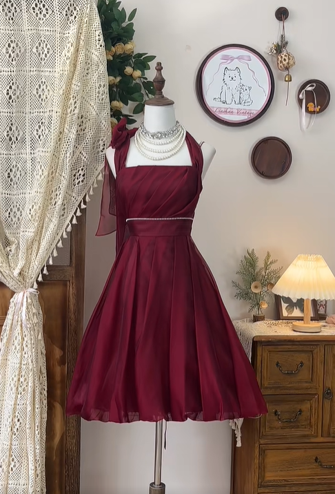 Vintage Burgundy Halter Beaded A Line Short Homecoming Dress Cocktail Dress