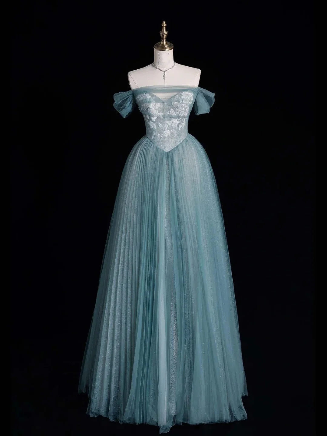 Classy Ball Gown Off The Shoulder Blue Tulle Pleated Sequin Long Party Dress Evening Gowns D4831