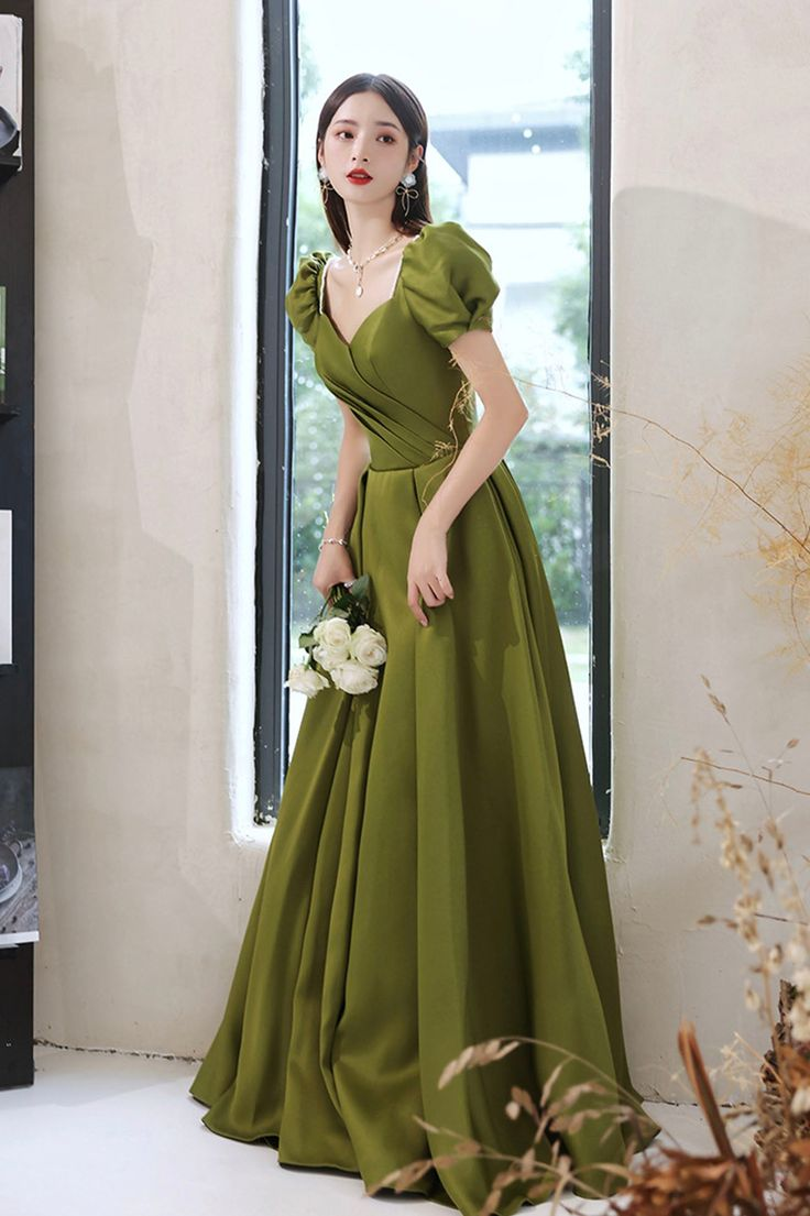Green Satin Long Prom Dresses A-Line Evening Dresses Y7097 - View 2 | VelvetHem