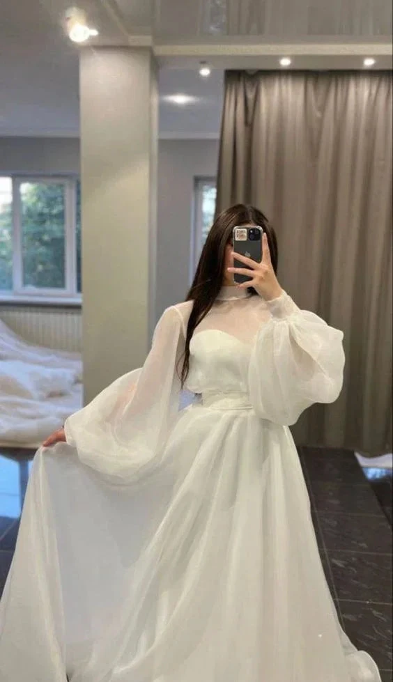 Beautiful A line White Tulle Wedding Dresses With Long Sleeves Y5572 by simplepromdress
