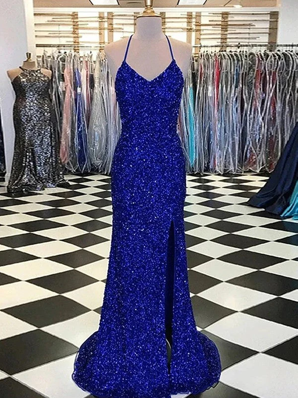 Spaghetti Straps Pink Sequins Mermaid Prom Dress C921