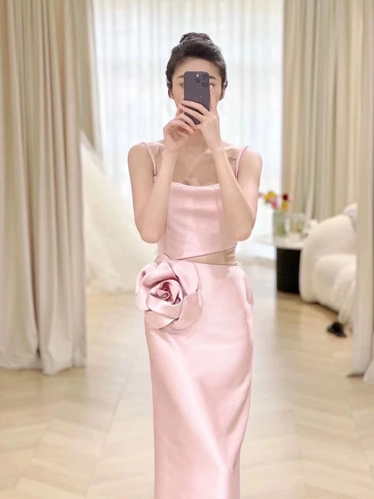 Elegant Pink Straps Sheath Prom Dress Evening Dress With Rose Flowers