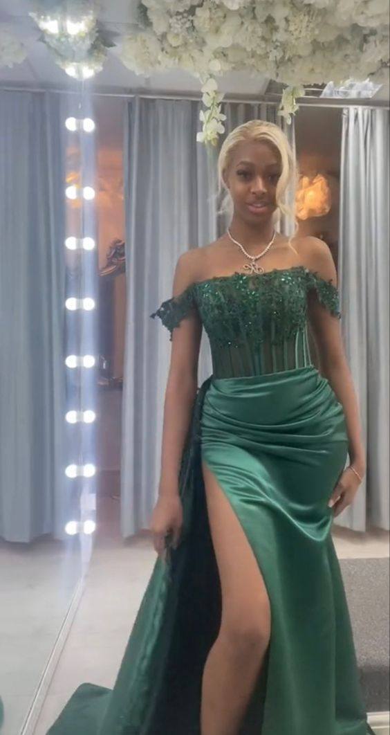 Elegant Green Off The Shoulder Evening Dress With Split