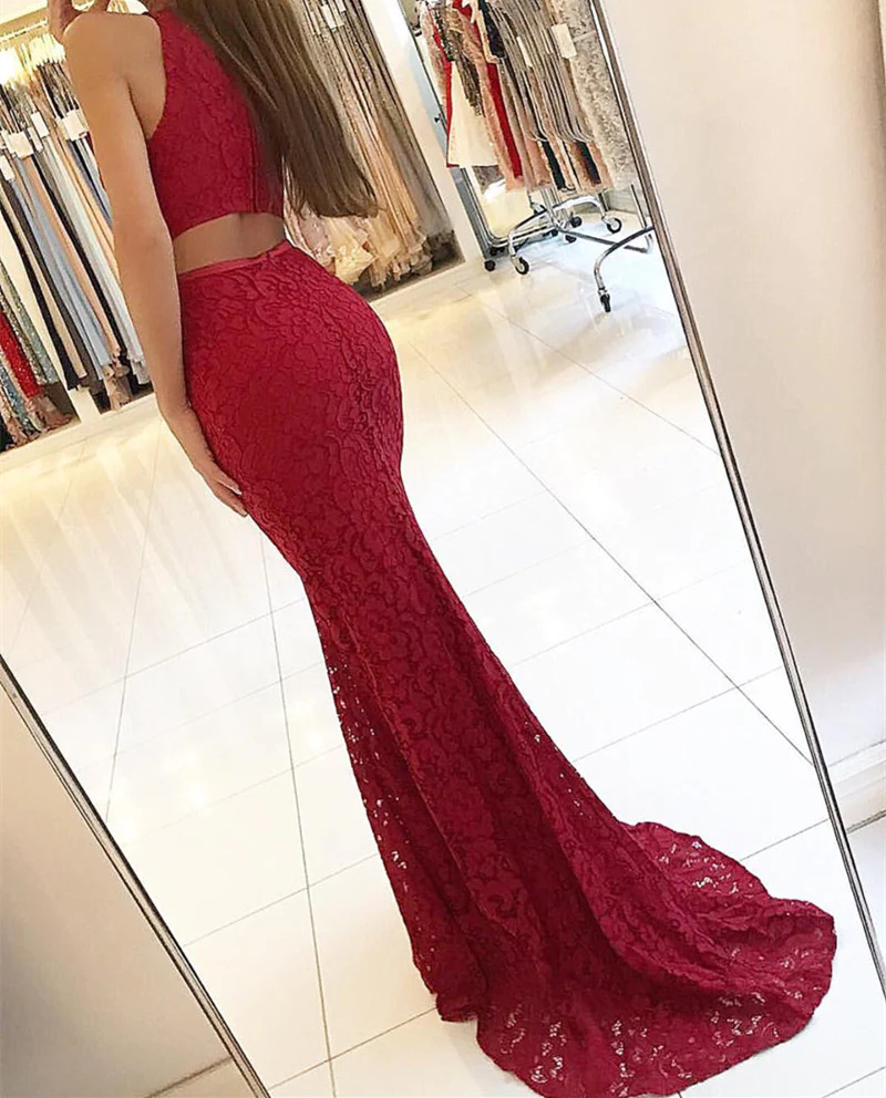 Elegant Burgundy Mermaid Lace Evening Dresses Y771 - View 2 | VelvetHem
