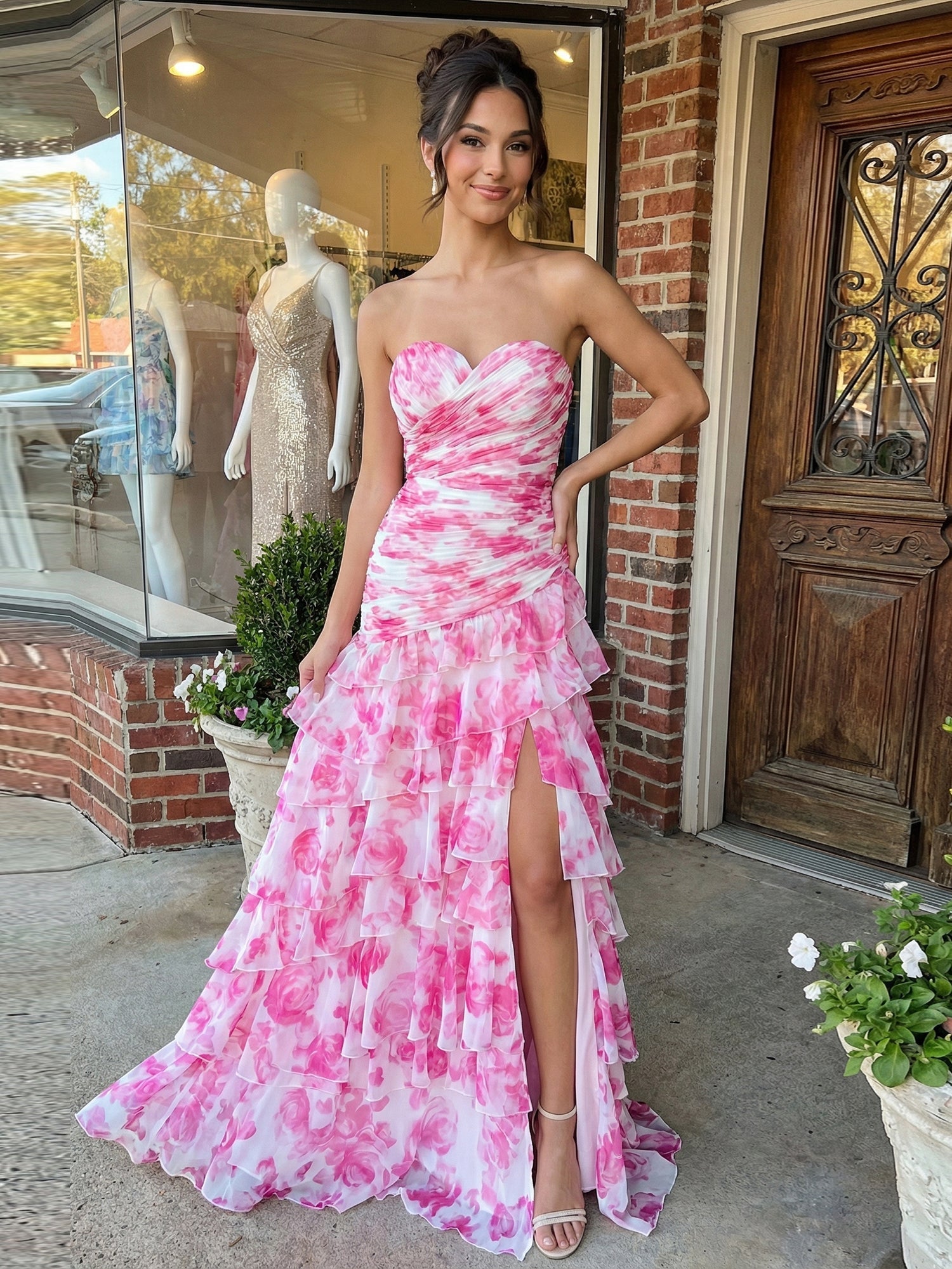 Yellow Print Mermaid Ruffled Tiered Prom Dress with Slit