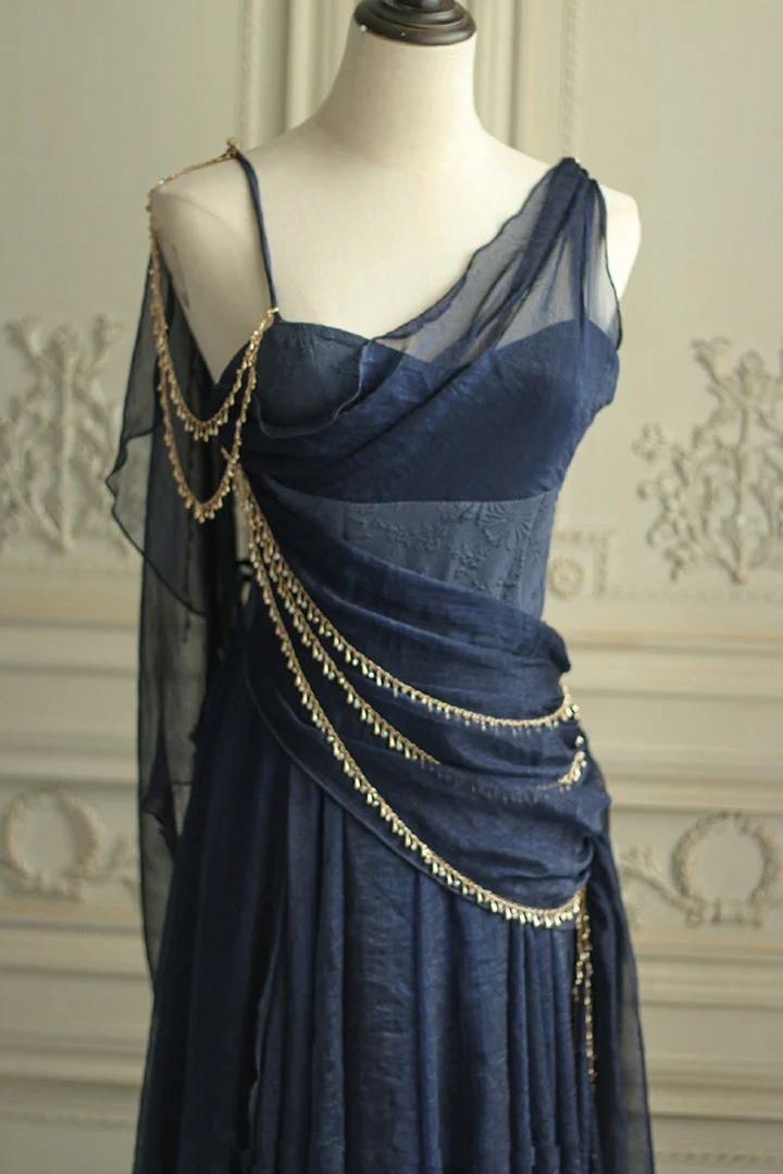 Vintage Navy Blue Chiffon A Line Prom Dress Evening Dress Y8292 - View 2 | VelvetHem