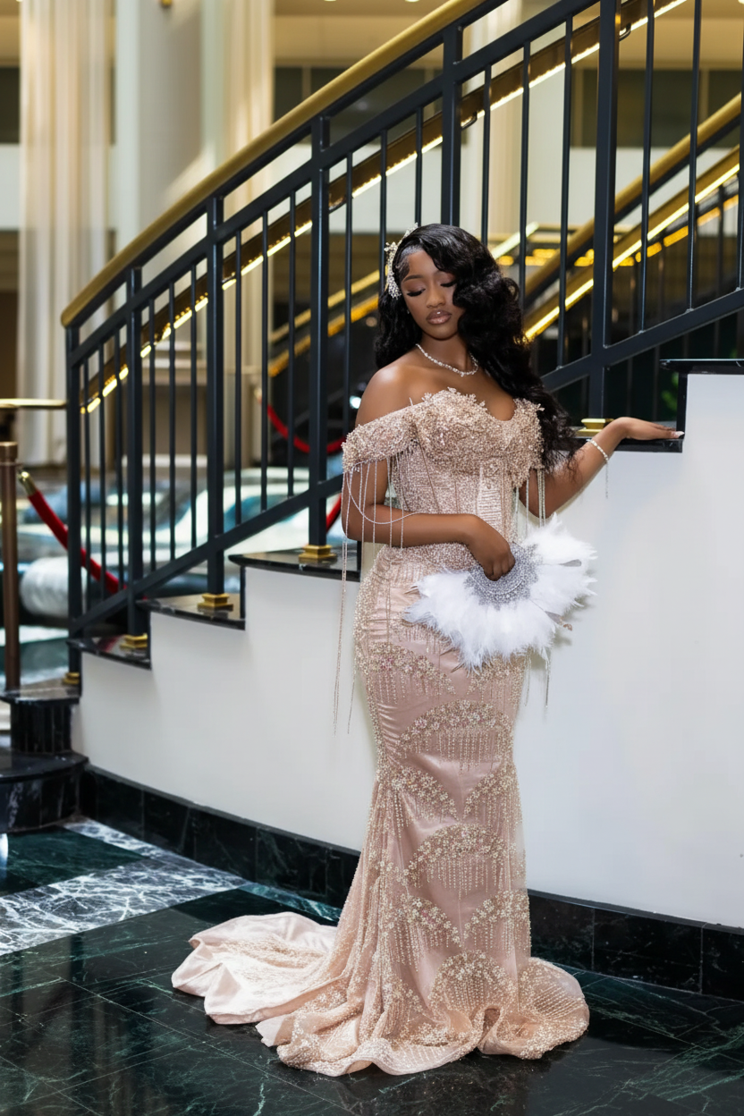 Luxury Glacial Silver Beaded Prom Dress – Crystal Fringe Mermaid Gown with Feather Accents | 2026 Couture Evening Collection (ZD17400)