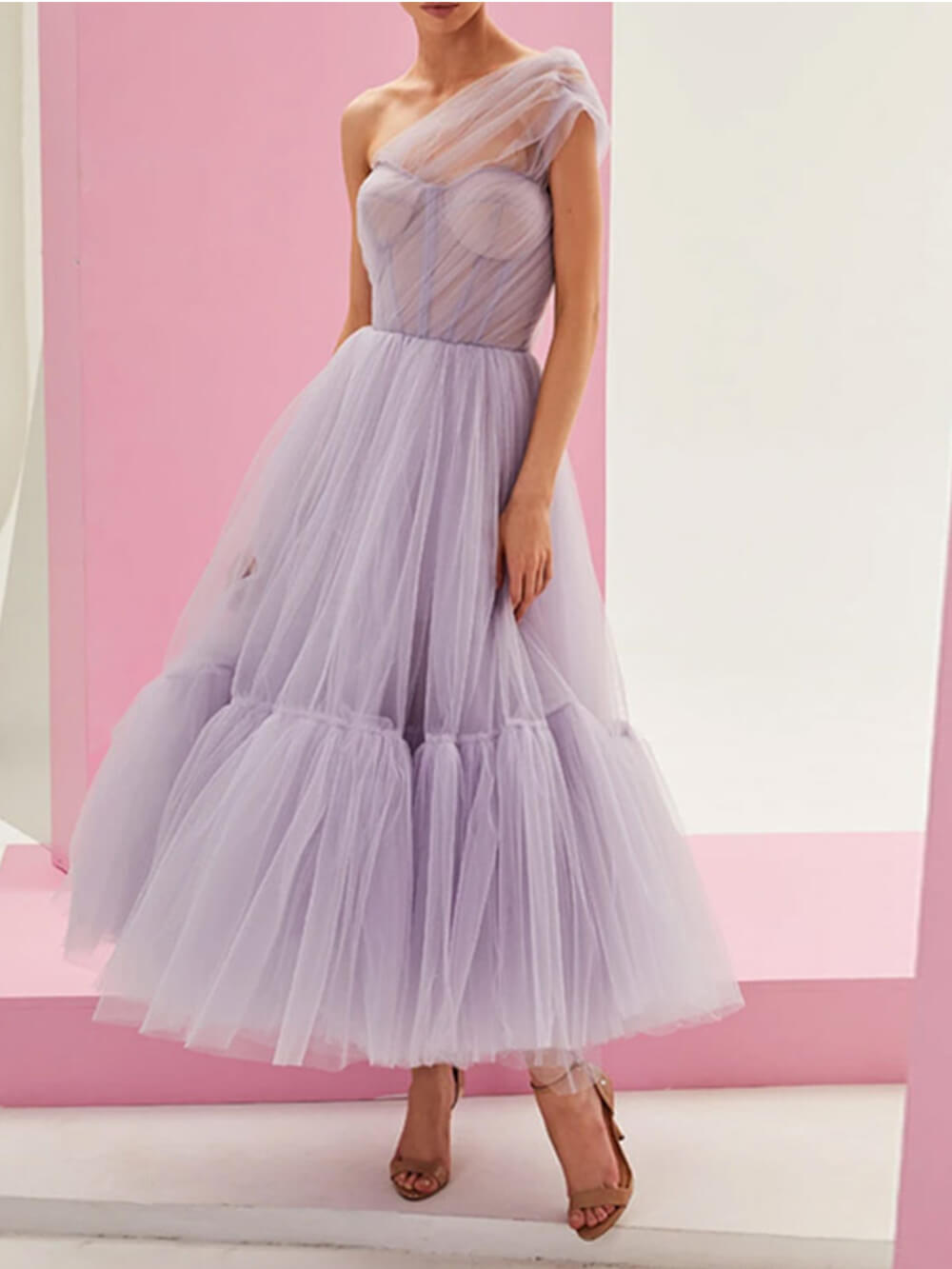 Off Shoulder Solid Color Elegant Gauze Midi Dress