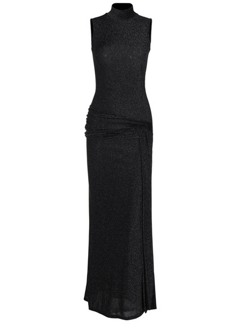 High Necked Sleeveless Long Dress With Ribbons And Bright Silk