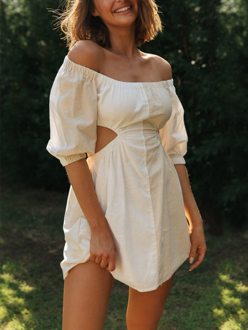 One Shoulder Off Waist Balloon Sleeve Mini Dress