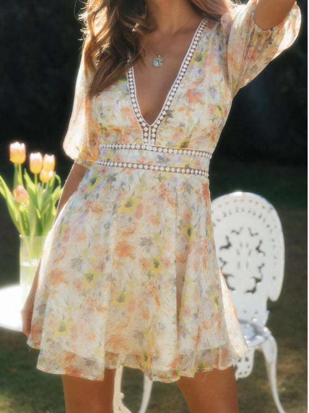 Chiffon Printed V - Neck Puff Sleeve Mini Dress